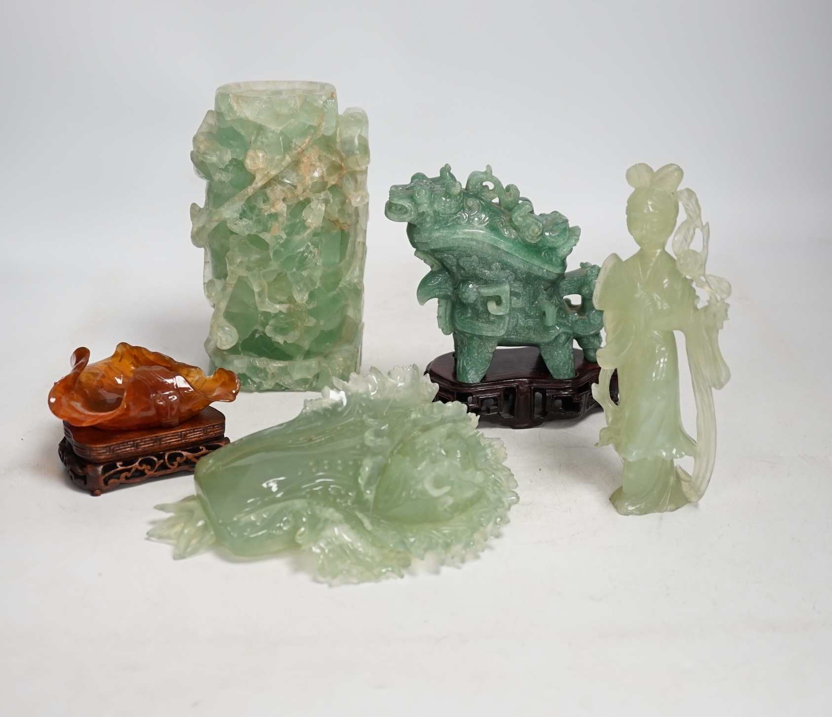 A group of five Chinese hardstone carvings, tallest 18cm. Condition - fair